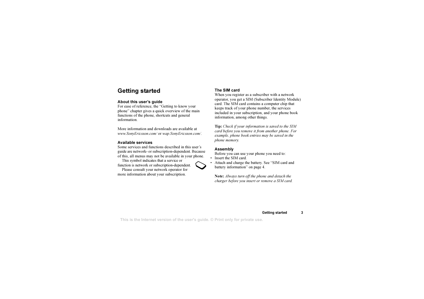 Getting started, Getting started 3 | Sony T310 User Manual | Page 3 / 91