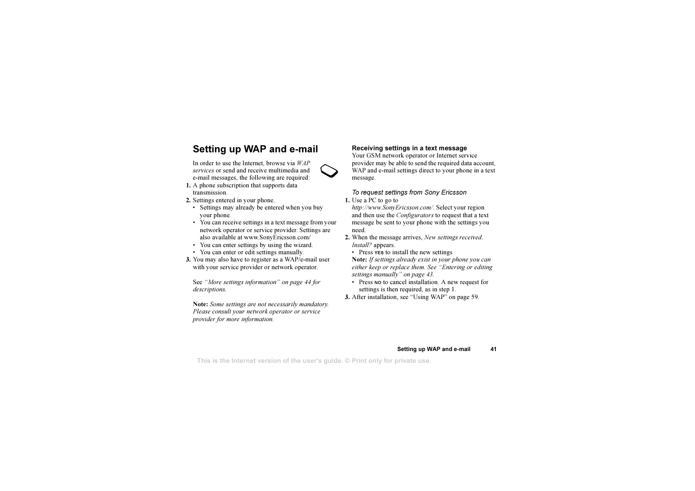 Setting up wap and e-mail, Setting up wap and e-mail 41 | Sony T310 User Manual | Page 41 / 91