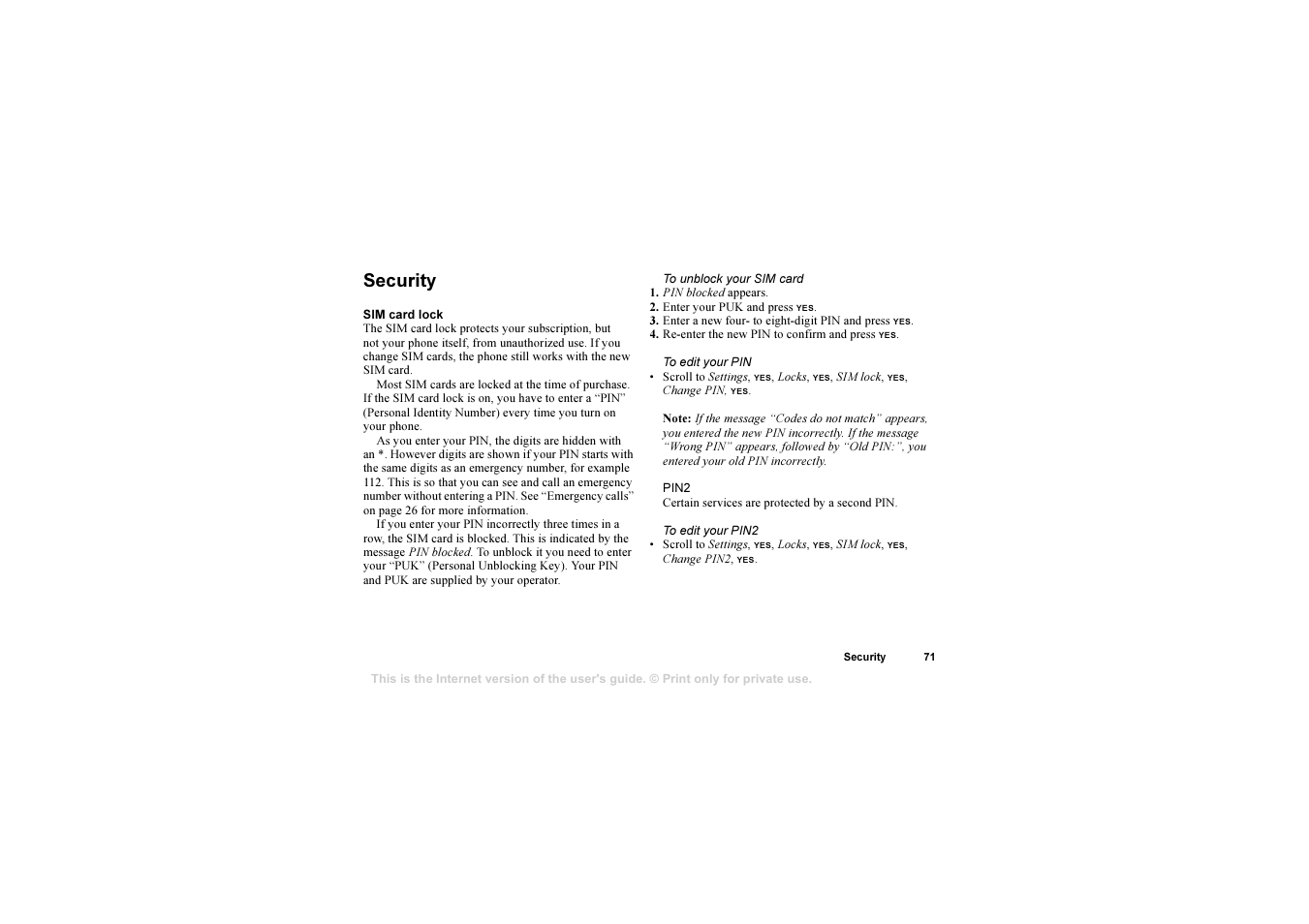 Security, Security 71 | Sony T310 User Manual | Page 71 / 91