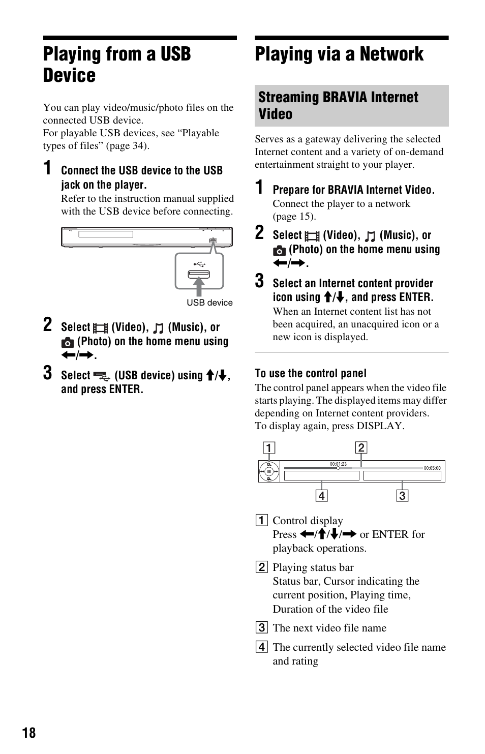 Playing from a usb device, Playing via a network, Playing from a usb device playing via a network | Sony BDP-S770 User Manual | Page 18 / 39