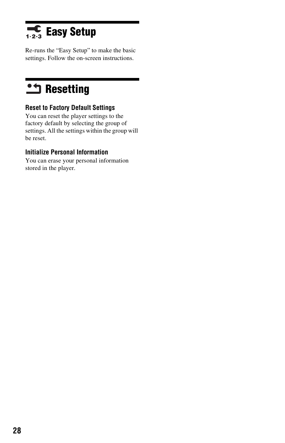 Easy setup, Resetting, Easy setup resetting | Sony BDP-S770 User Manual | Page 28 / 39