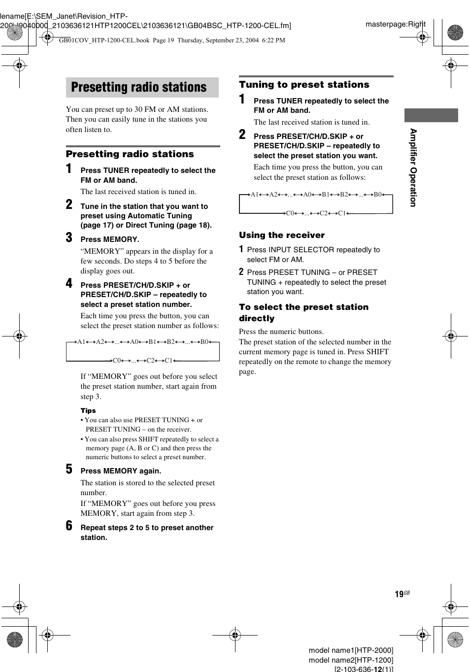 Presetting radio stations, See “presetting radio stations, See “tuning | To preset stations | Sony HTP-2000 User Manual | Page 19 / 40