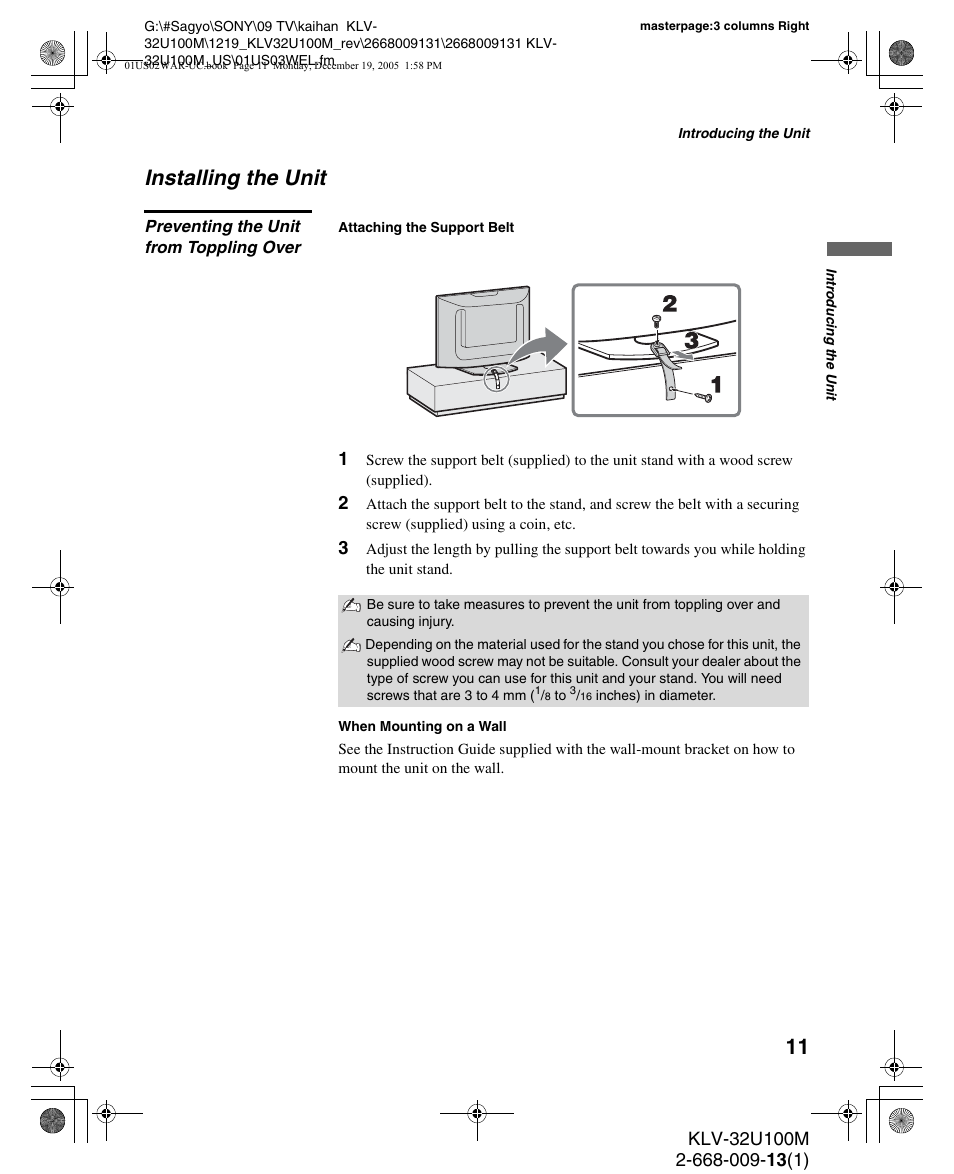 Installing the unit, Preventing the unit from toppling over | Sony KLV-40U100M User Manual | Page 11 / 48