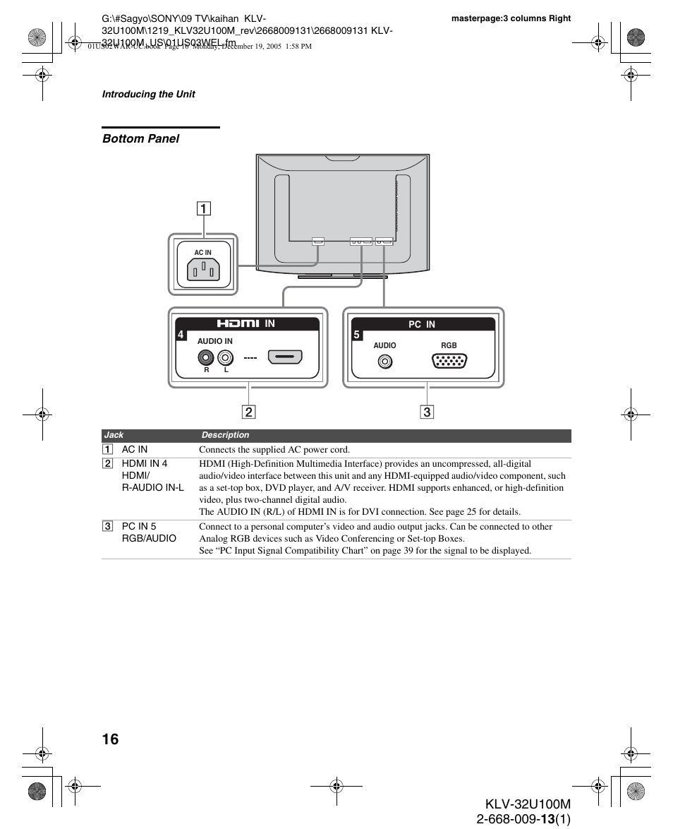 Bottom panel | Sony KLV-40U100M User Manual | Page 16 / 48