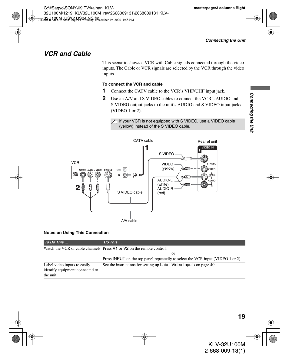 Vcr and cable | Sony KLV-40U100M User Manual | Page 19 / 48