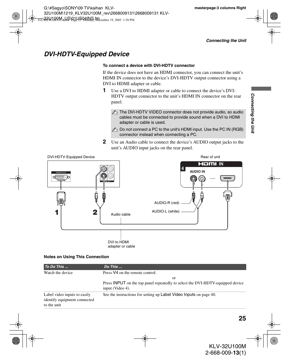Dvi-hdtv-equipped device | Sony KLV-40U100M User Manual | Page 25 / 48