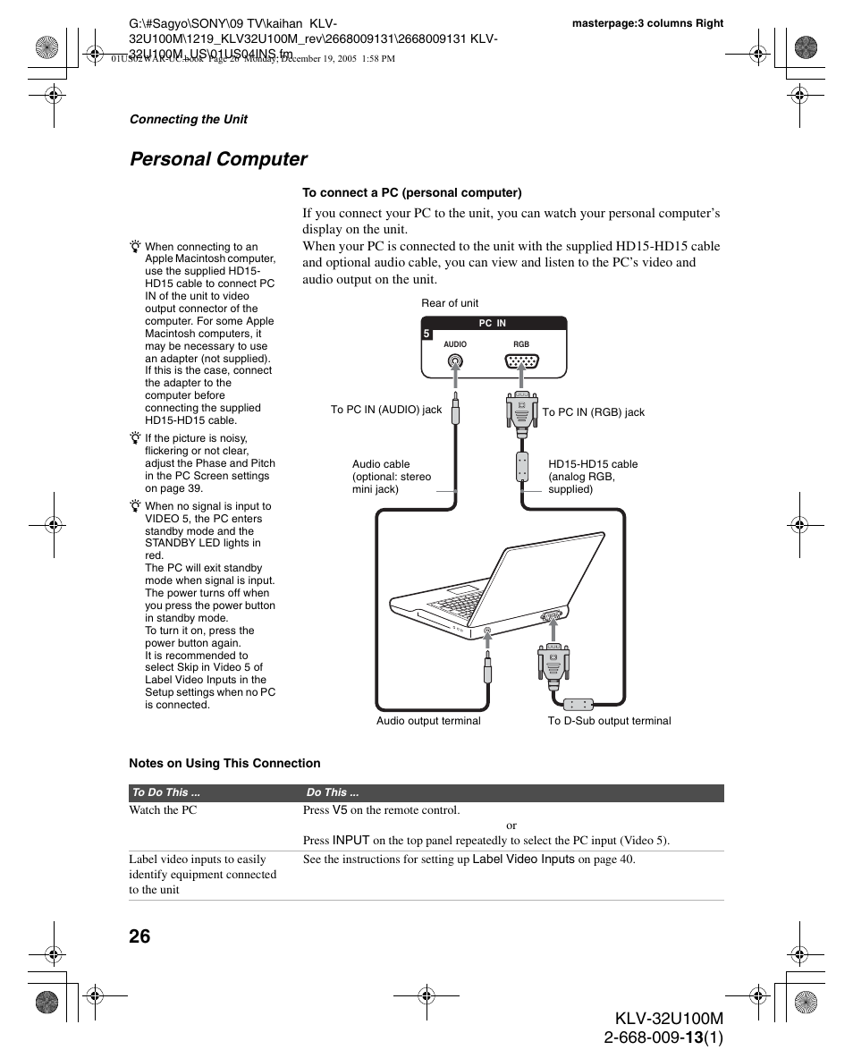 Personal computer | Sony KLV-40U100M User Manual | Page 26 / 48