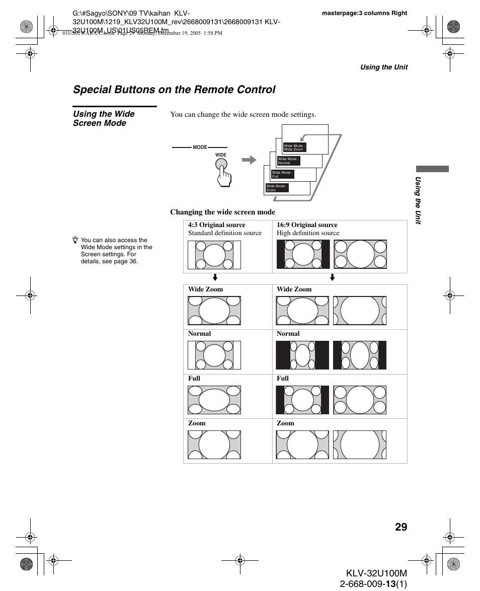 Special buttons on the remote control, Using the wide screen mode | Sony KLV-40U100M User Manual | Page 29 / 48
