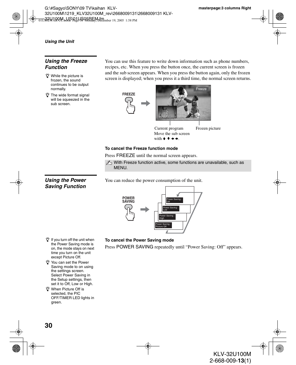 Using the freeze function, Using the power saving function | Sony KLV-40U100M User Manual | Page 30 / 48
