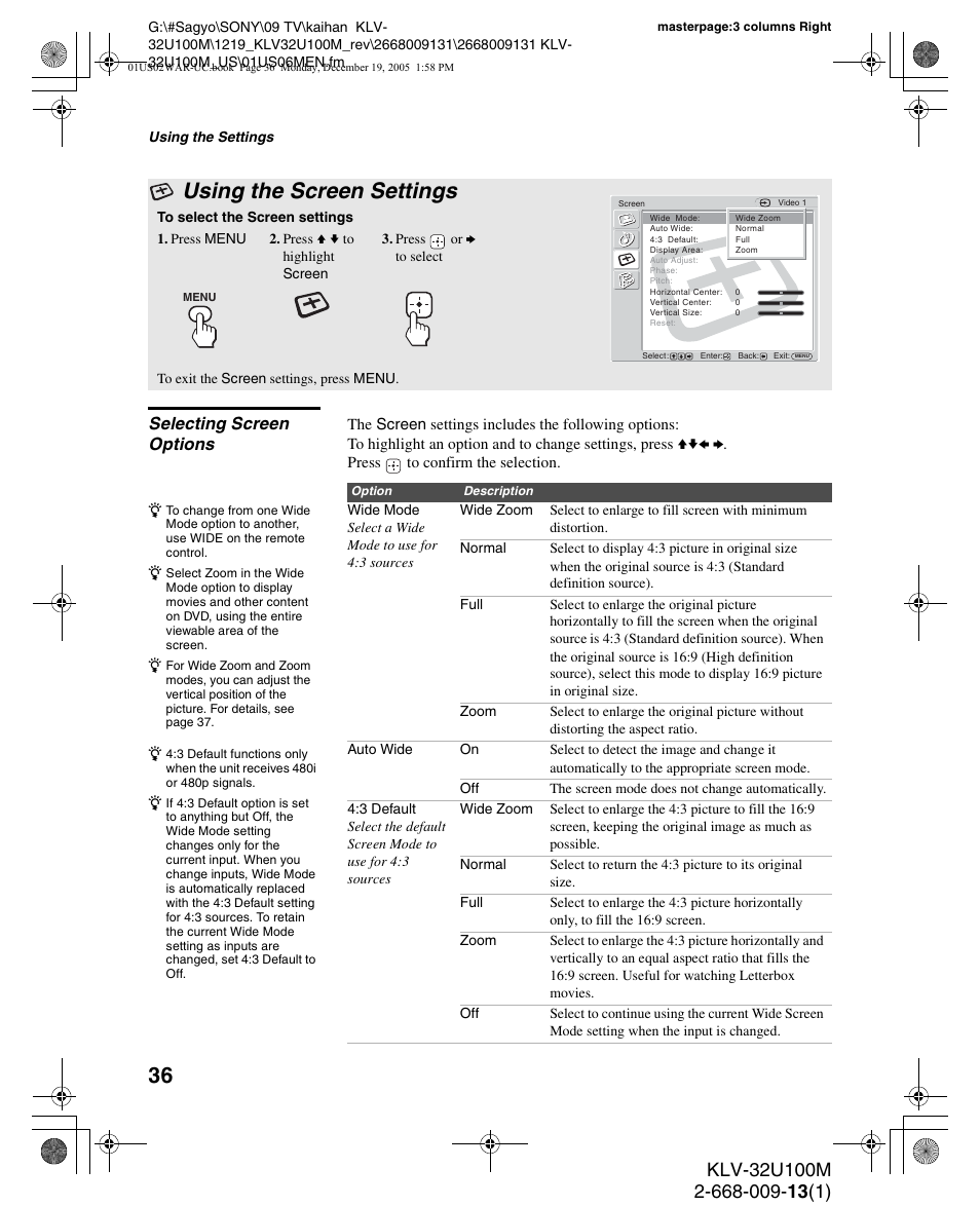 Using the screen settings, Selecting screen options | Sony KLV-40U100M User Manual | Page 36 / 48