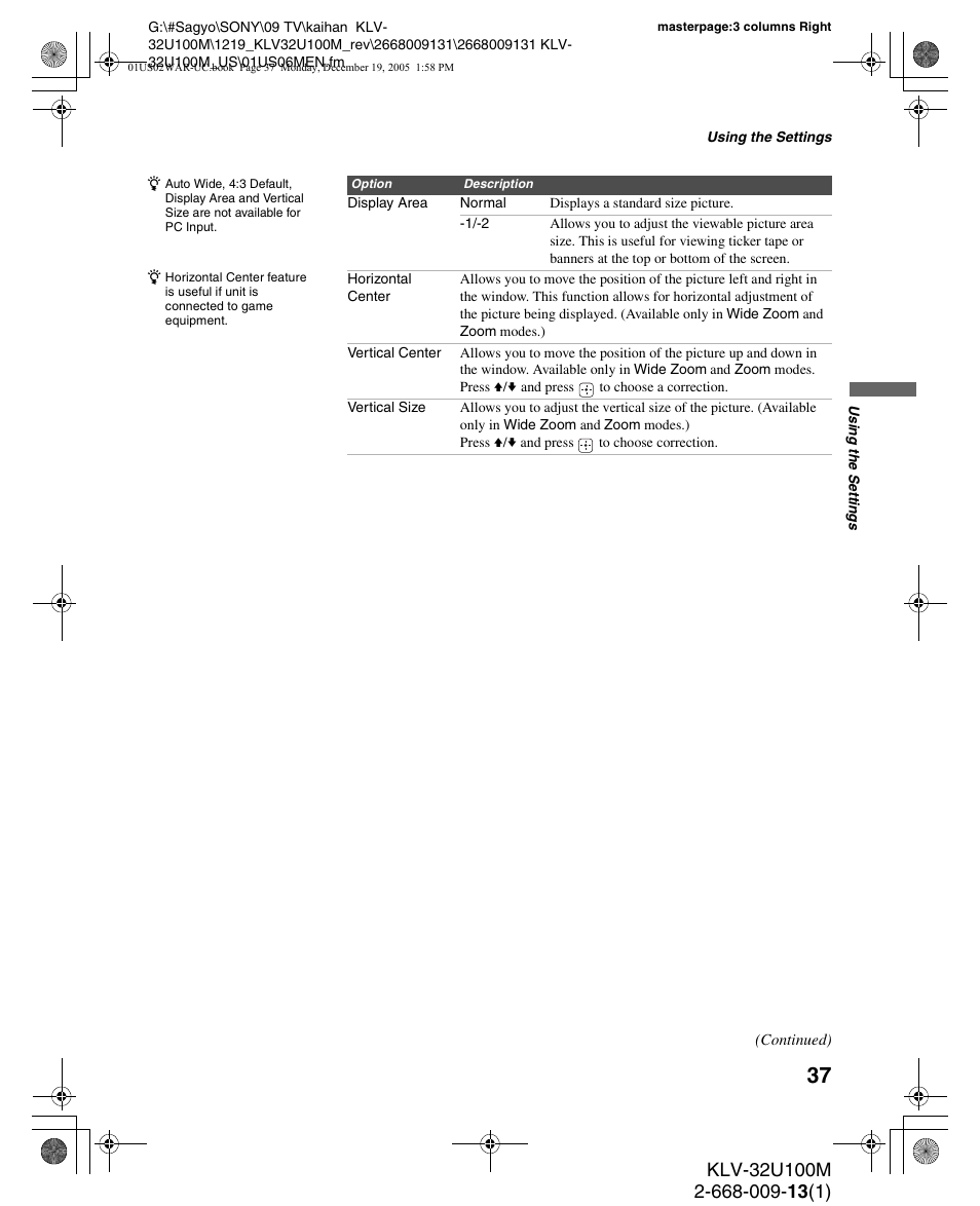 Sony KLV-40U100M User Manual | Page 37 / 48