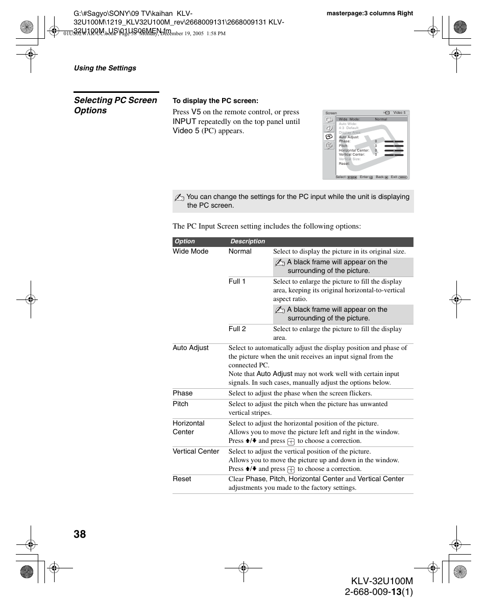 Selecting pc screen options | Sony KLV-40U100M User Manual | Page 38 / 48