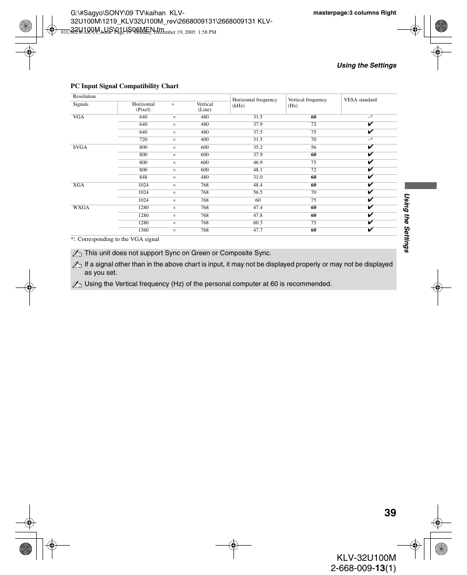 Sony KLV-40U100M User Manual | Page 39 / 48