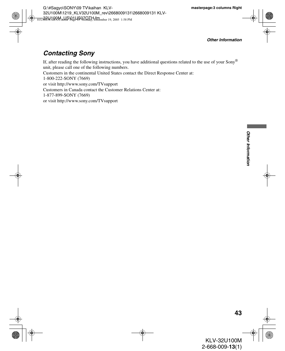 Contacting sony | Sony KLV-40U100M User Manual | Page 43 / 48