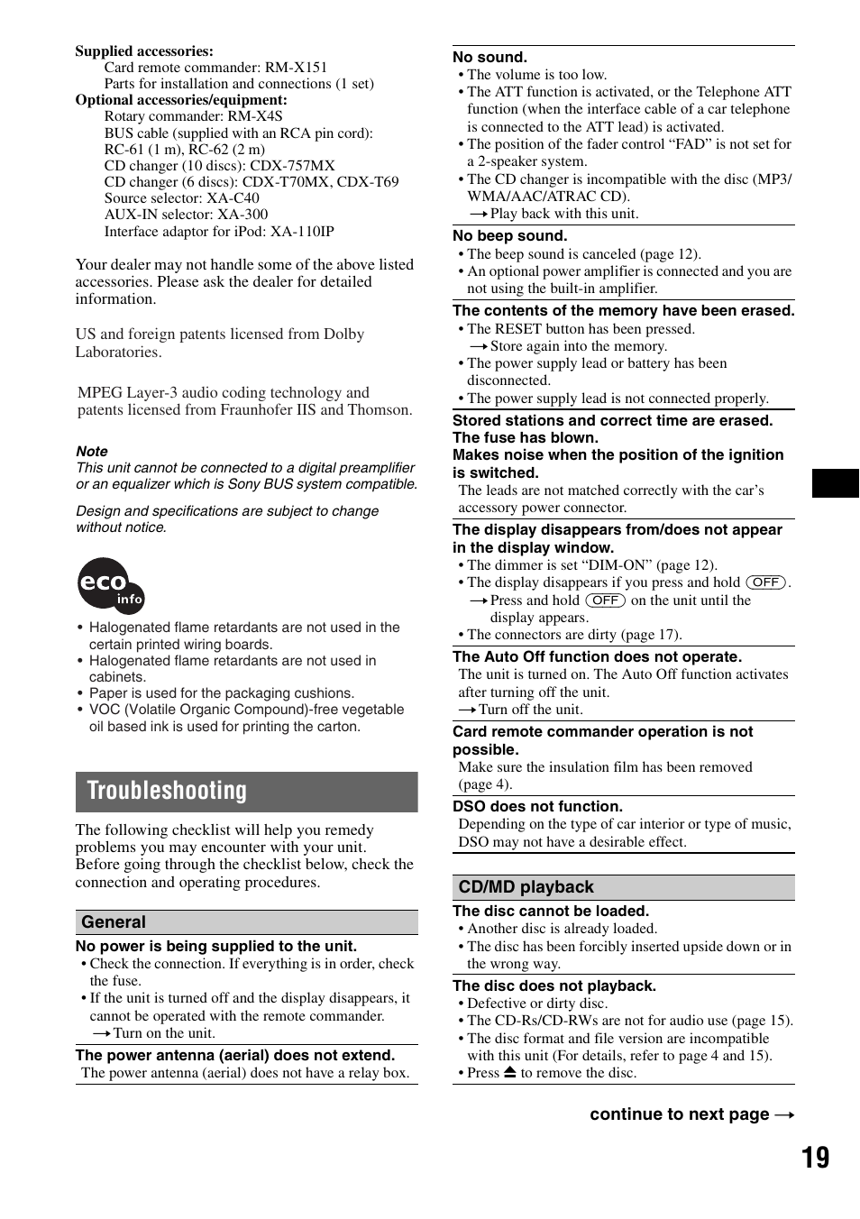 Troubleshooting | Sony ATRAC AD CDX-GT610U User Manual | Page 19 / 116
