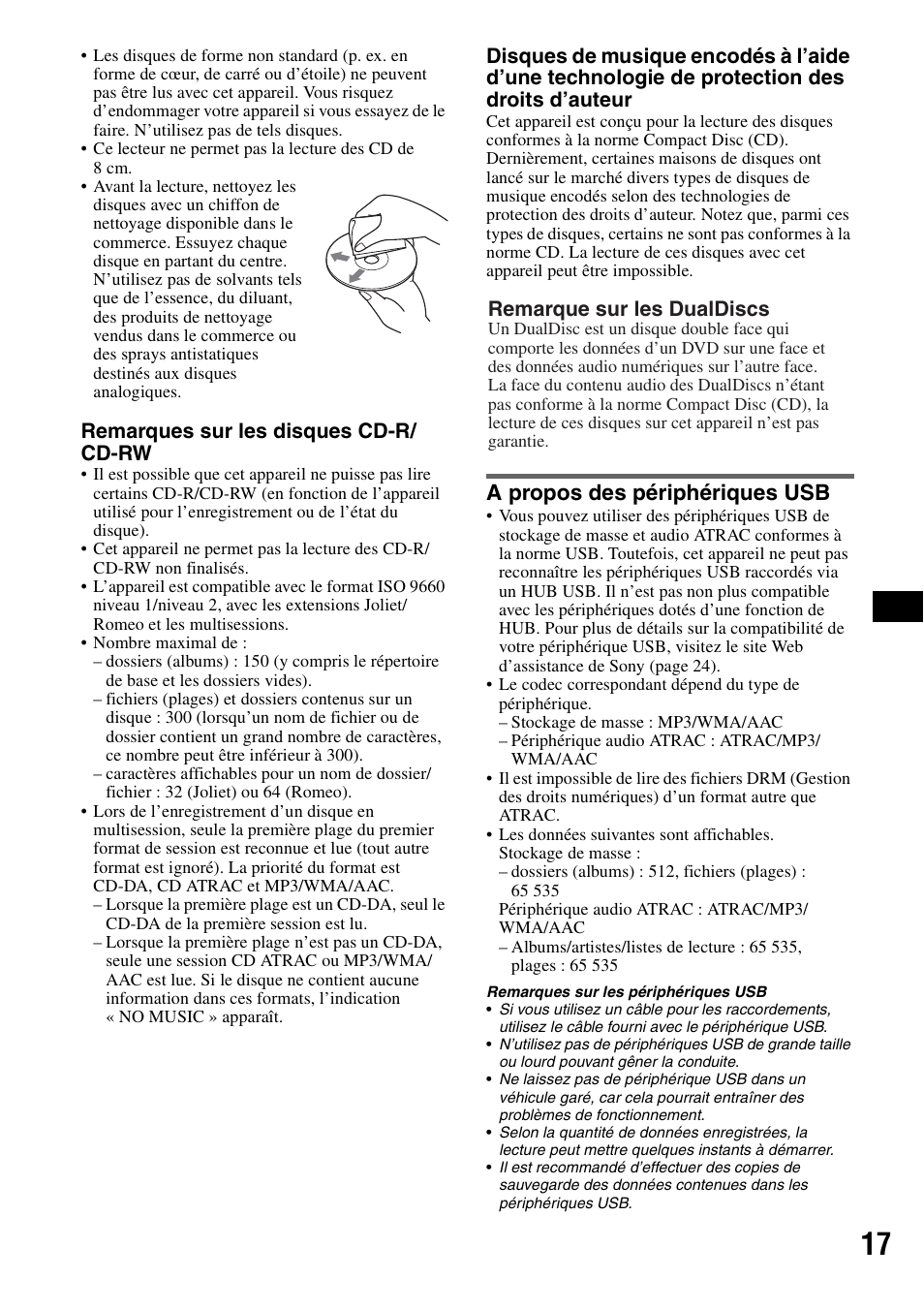 A propos des périphériques usb, Remarques sur les disques cd-r/ cd-rw, Remarque sur les dualdiscs | Sony ATRAC AD CDX-GT610U User Manual | Page 61 / 116