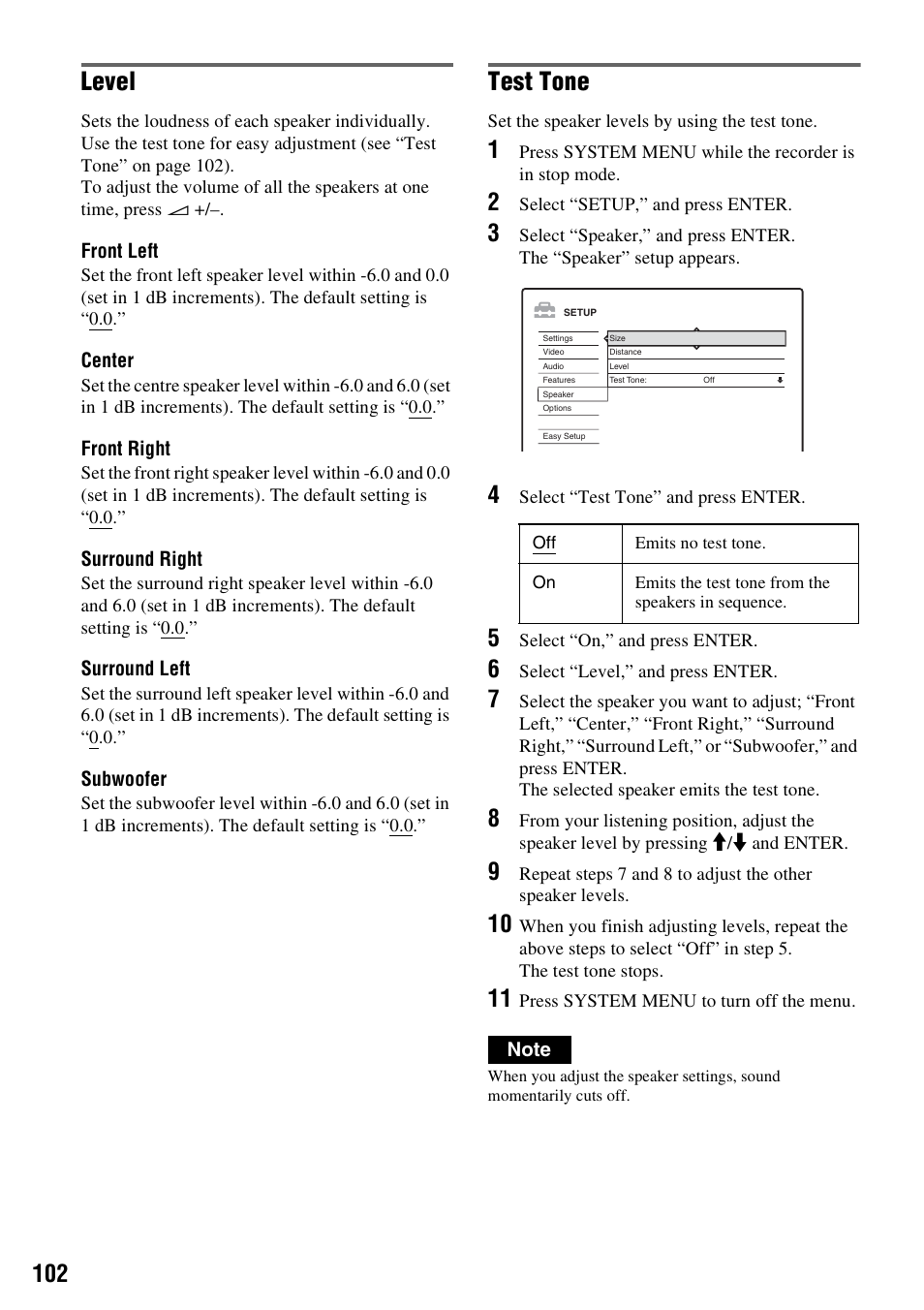 Level, Test tone | Sony DAR-RH7000 User Manual | Page 102 / 536