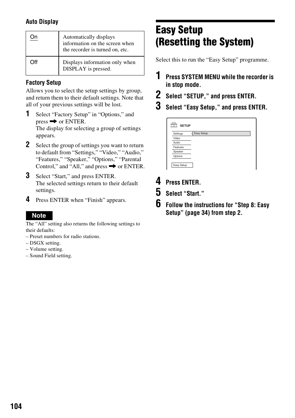 Easy setup (resetting the system), Easy setup, Resetting the system) | Sony DAR-RH7000 User Manual | Page 104 / 536