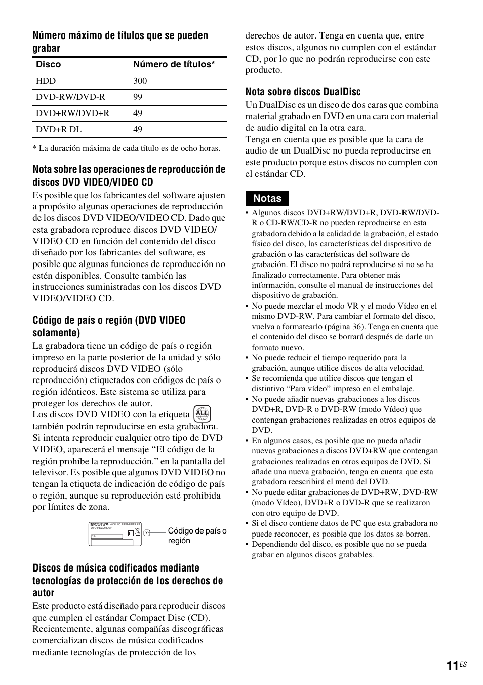 Número máximo de títulos que se pueden grabar, Código de país o región (dvd video solamente), Nota sobre discos dualdisc | Notas | Sony DAR-RH7000 User Manual | Page 137 / 536