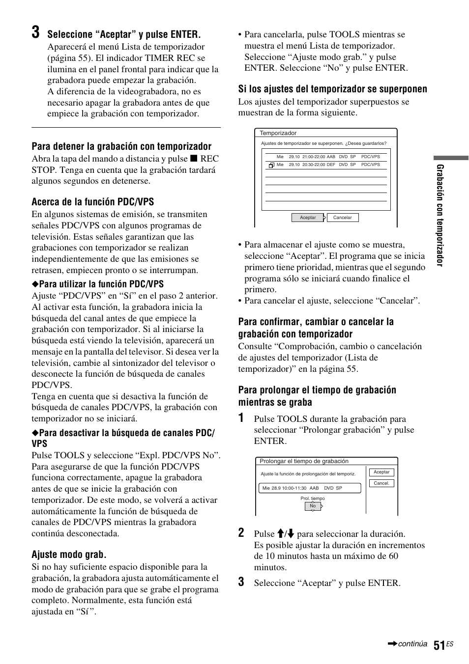 Seleccione “aceptar” y pulse enter, Para detener la grabación con temporizador, Acerca de la función pdc/vps | Ajuste modo grab, Si los ajustes del temporizador se superponen | Sony DAR-RH7000 User Manual | Page 177 / 536
