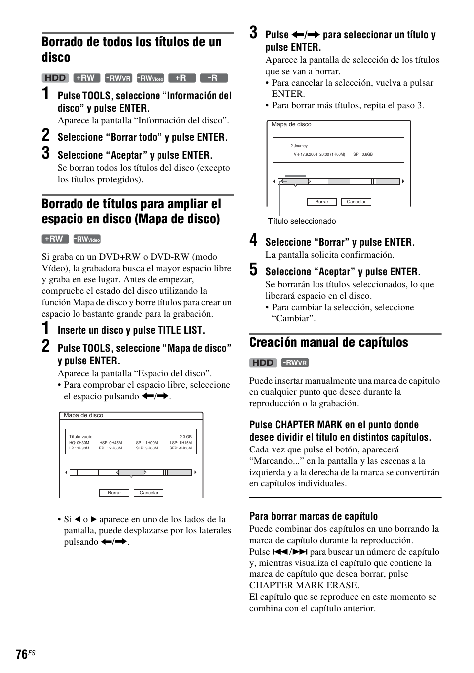 Borrado de todos los títulos de un disco, Creación manual de capítulos | Sony DAR-RH7000 User Manual | Page 202 / 536