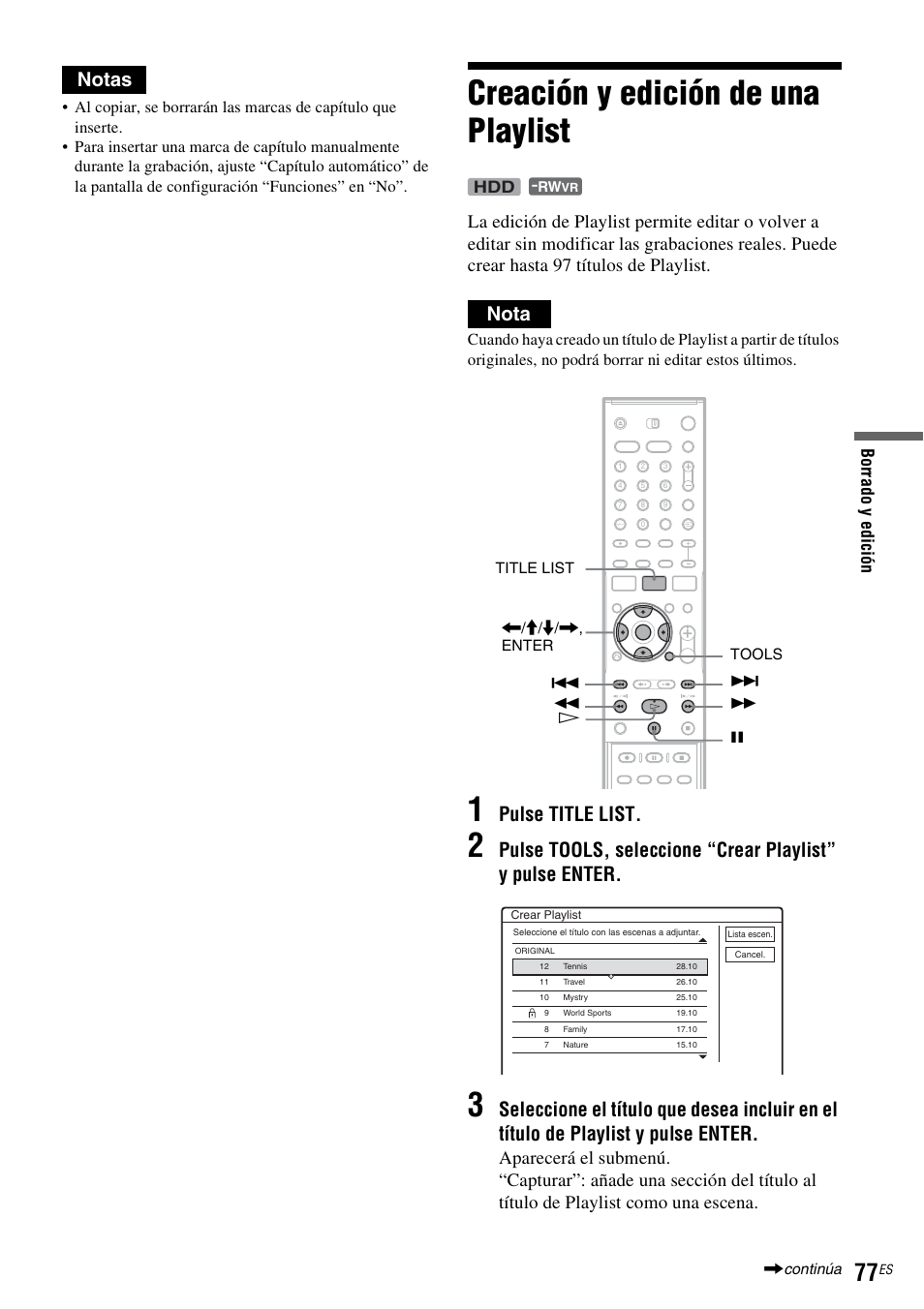 Creación y edición de una playlist, Notas, Nota | Pulse title list | Sony DAR-RH7000 User Manual | Page 203 / 536