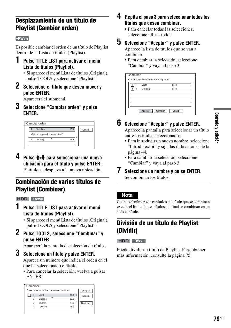 División de un título de playlist (dividir) | Sony DAR-RH7000 User Manual | Page 205 / 536
