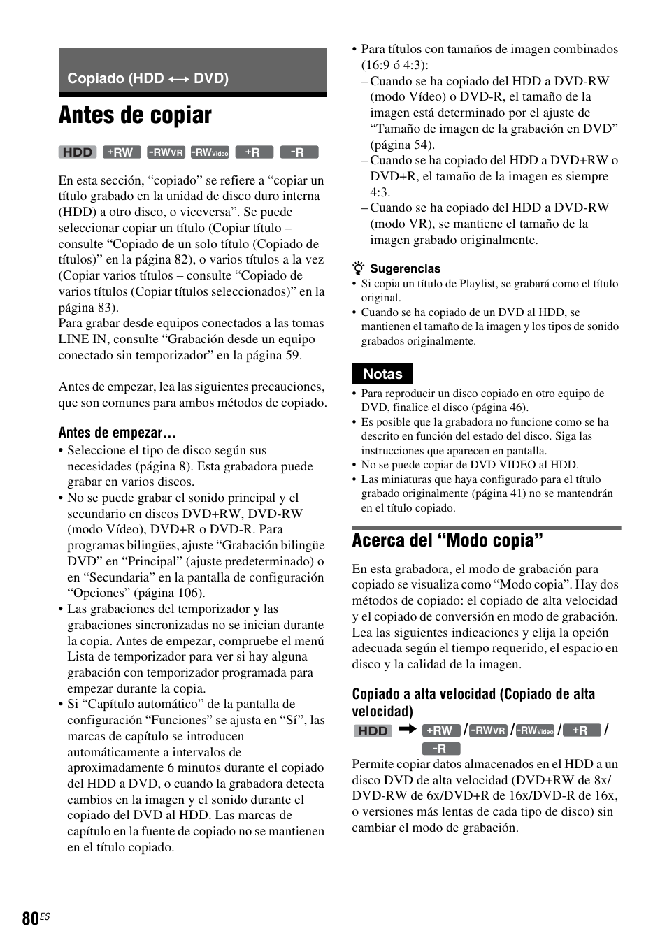 Copiado (hdd y dvd), Antes de copiar, Copiado (hdd | Acerca del “modo copia | Sony DAR-RH7000 User Manual | Page 206 / 536
