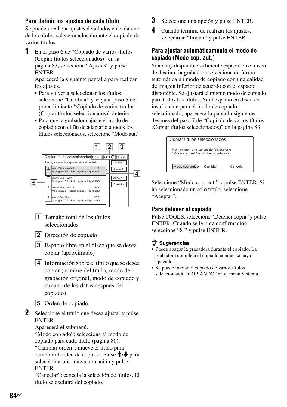Para definir los ajustes de cada título” m, Para definir los ajustes de cada título, Para detener el copiado | Seleccione una opción y pulse enter | Sony DAR-RH7000 User Manual | Page 210 / 536