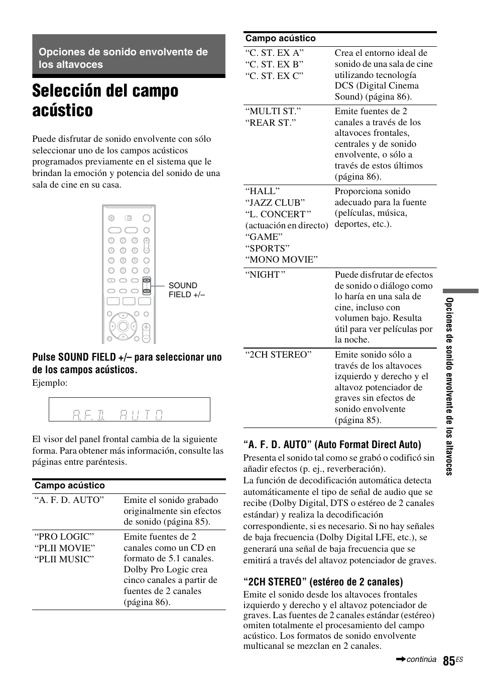 Opciones de sonido envolvente de los altavoces, Selección del campo acústico, A. f. d. auto” (auto format direct auto) | 2ch stereo” (estéreo de 2 canales) | Sony DAR-RH7000 User Manual | Page 211 / 536