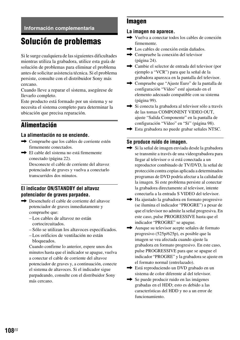 Información complementaria, Solución de problemas, Alimentación | Imagen | Sony DAR-RH7000 User Manual | Page 234 / 536