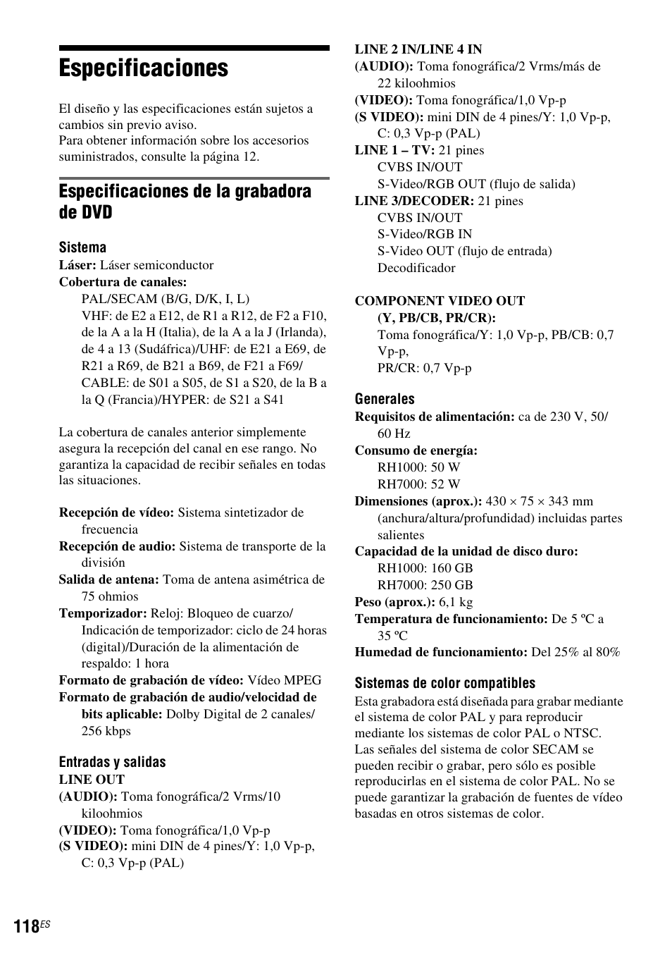 Especificaciones, Especificaciones de la grabadora de dvd | Sony DAR-RH7000 User Manual | Page 244 / 536