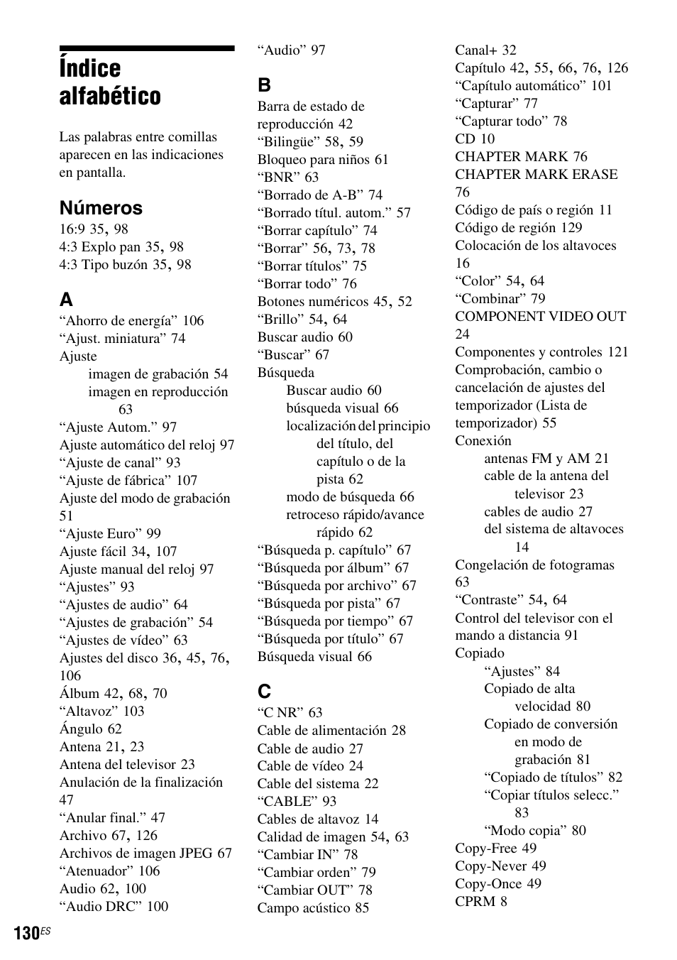 Índice alfabético, Números | Sony DAR-RH7000 User Manual | Page 256 / 536