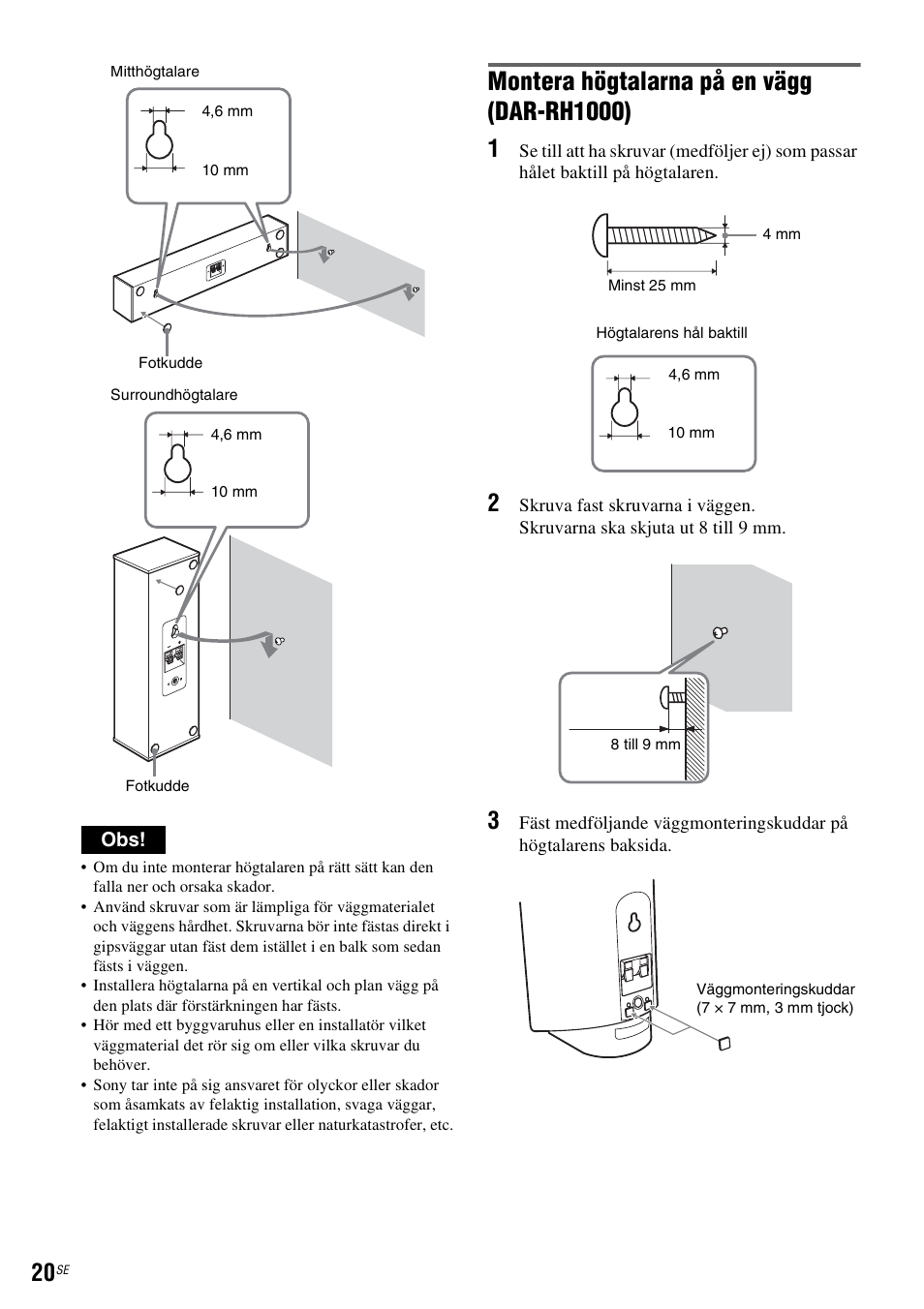 Montera högtalarna på en vägg (dar-rh1000) | Sony DAR-RH7000 User Manual | Page 278 / 536