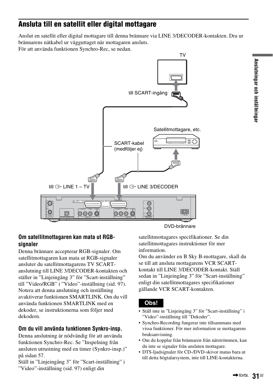 Ansluta till en satellit eller digital mottagare, Om satellitmottagaren kan mata ut rgb- signaler, Om du vill använda funktionen synkro-insp | Forts | Sony DAR-RH7000 User Manual | Page 289 / 536