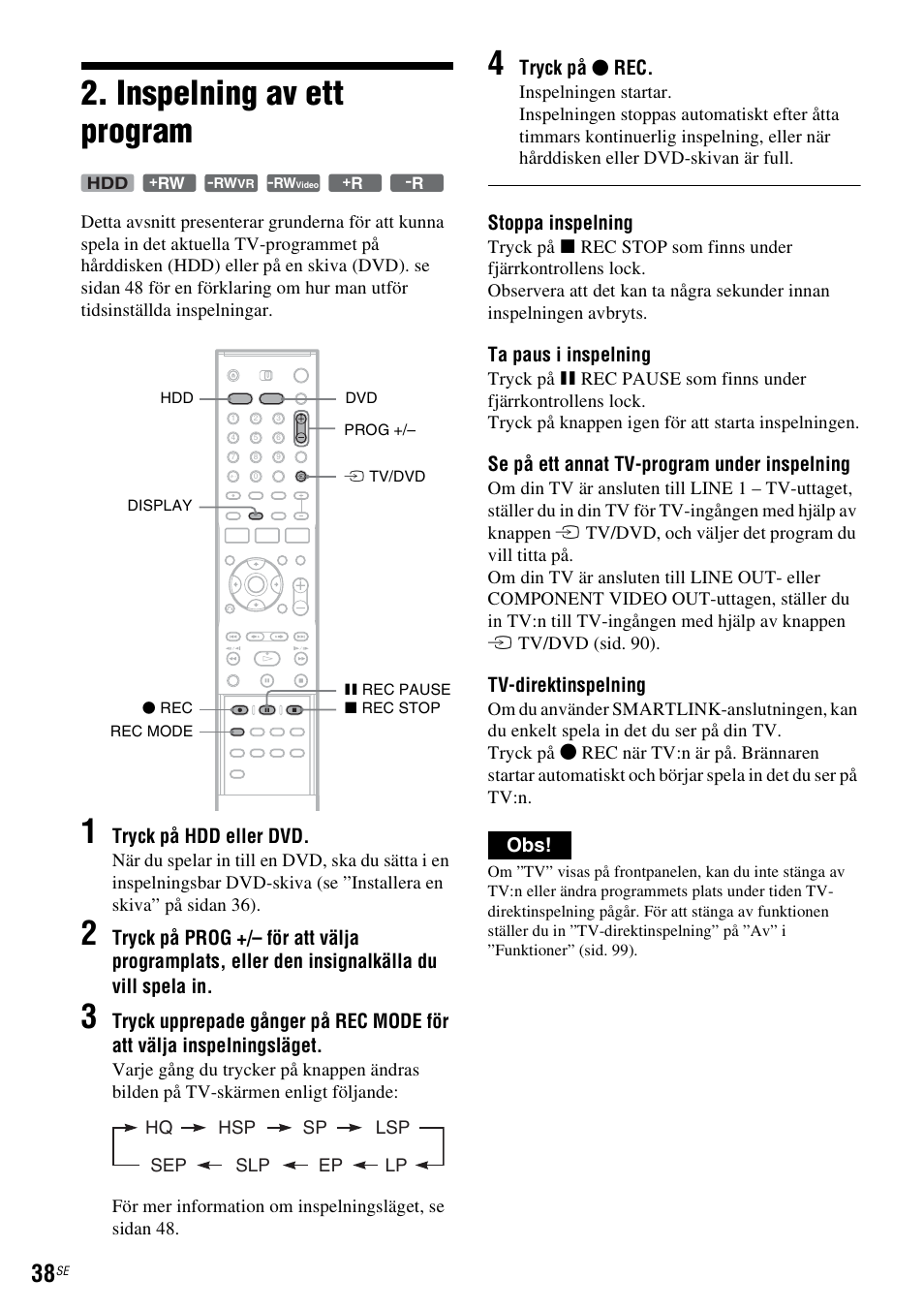 Inspelning av ett program, Sid. 38) | Sony DAR-RH7000 User Manual | Page 296 / 536