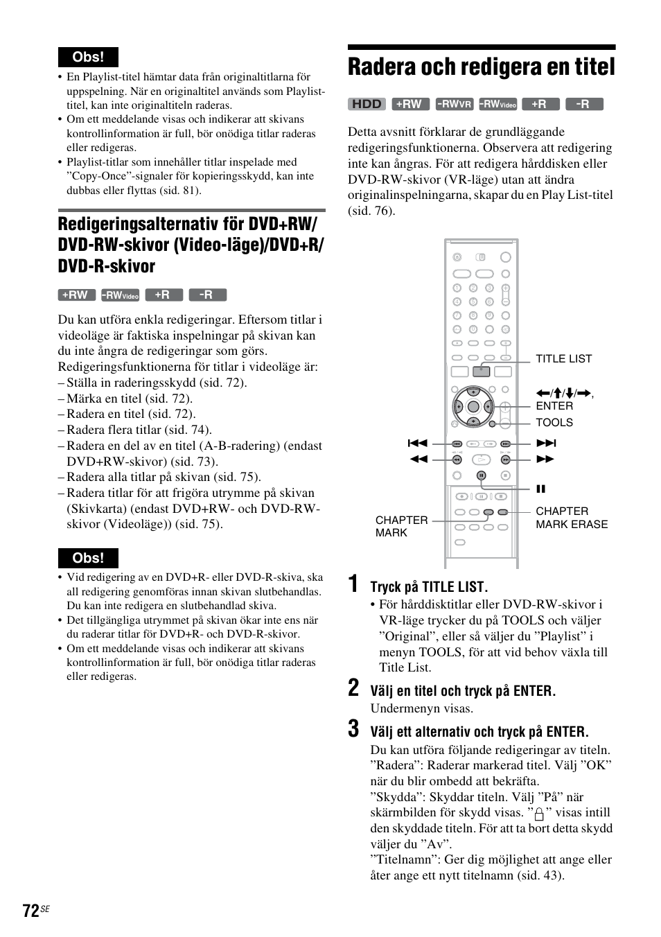 Radera och redigera en titel, Sid. 72), L (sid. 72) | Tryck på title list, Välj en titel och tryck på enter, Välj ett alternativ och tryck på enter | Sony DAR-RH7000 User Manual | Page 330 / 536