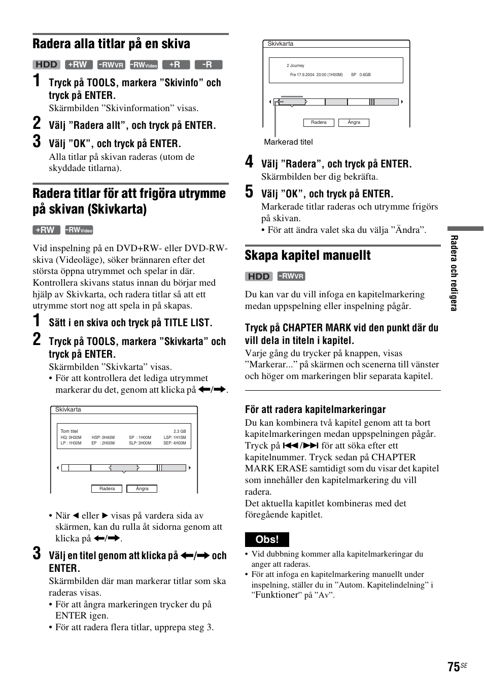 Sid. 75), R (sid. 75), T (sid. 75) | Radera alla titlar på en skiva, Skapa kapitel manuellt | Sony DAR-RH7000 User Manual | Page 333 / 536