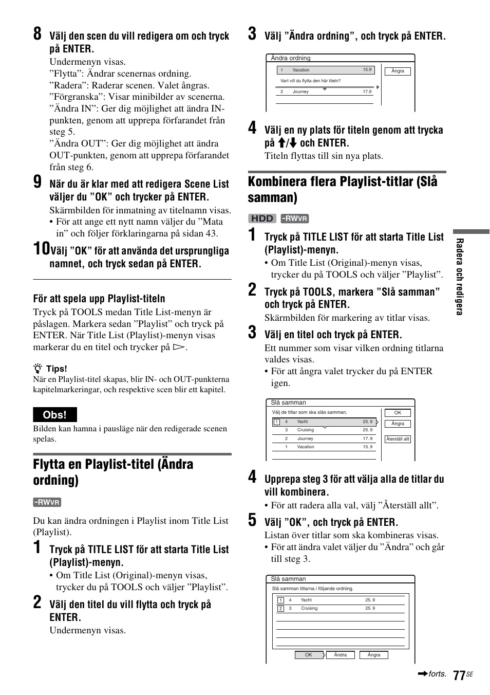 Sid. 77), Flytta en playlist-titel (ändra ordning), Kombinera flera playlist-titlar (slå samman) | Sony DAR-RH7000 User Manual | Page 335 / 536
