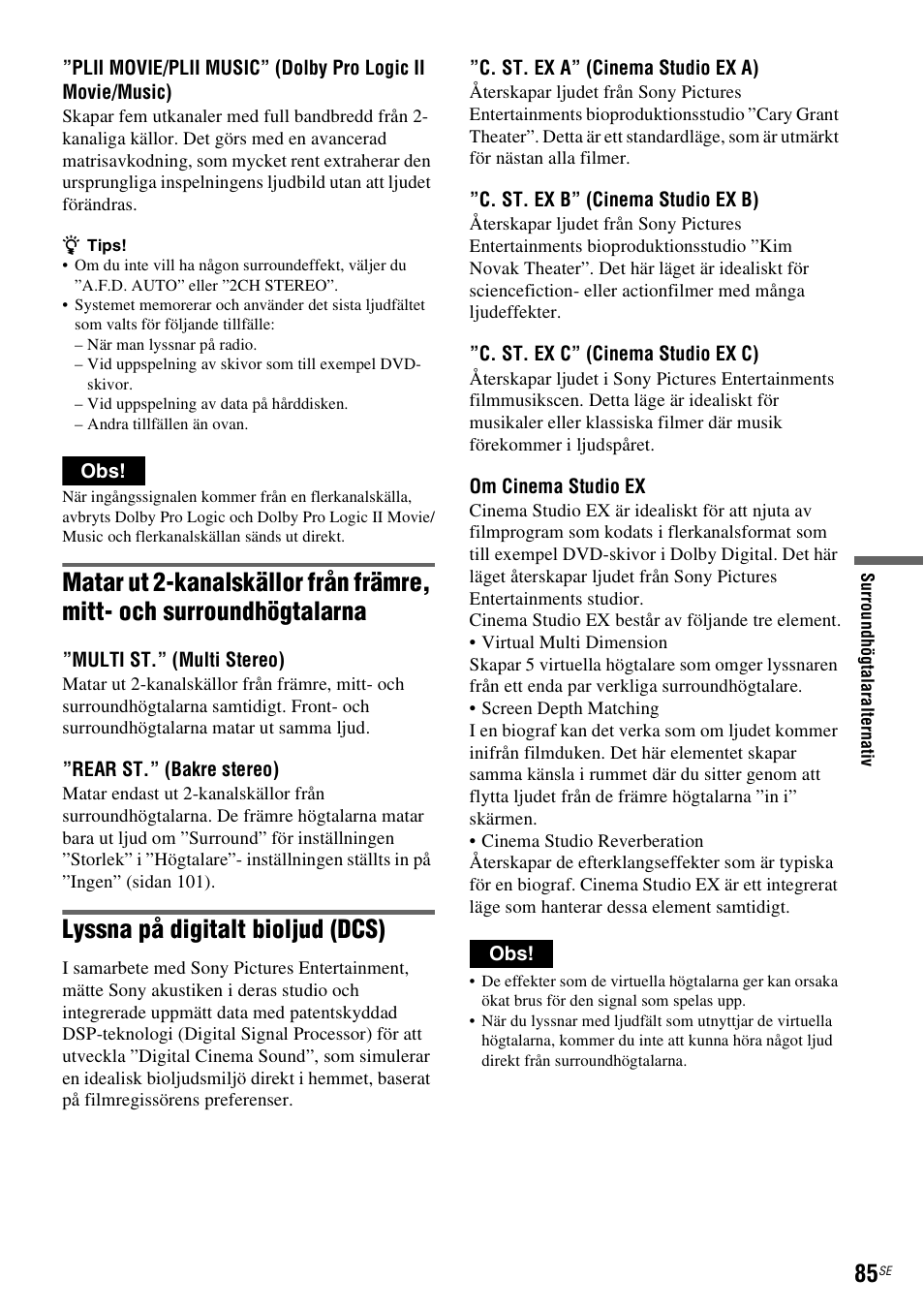 Sid. 85), Lyssna på digitalt bioljud (dcs) | Sony DAR-RH7000 User Manual | Page 343 / 536