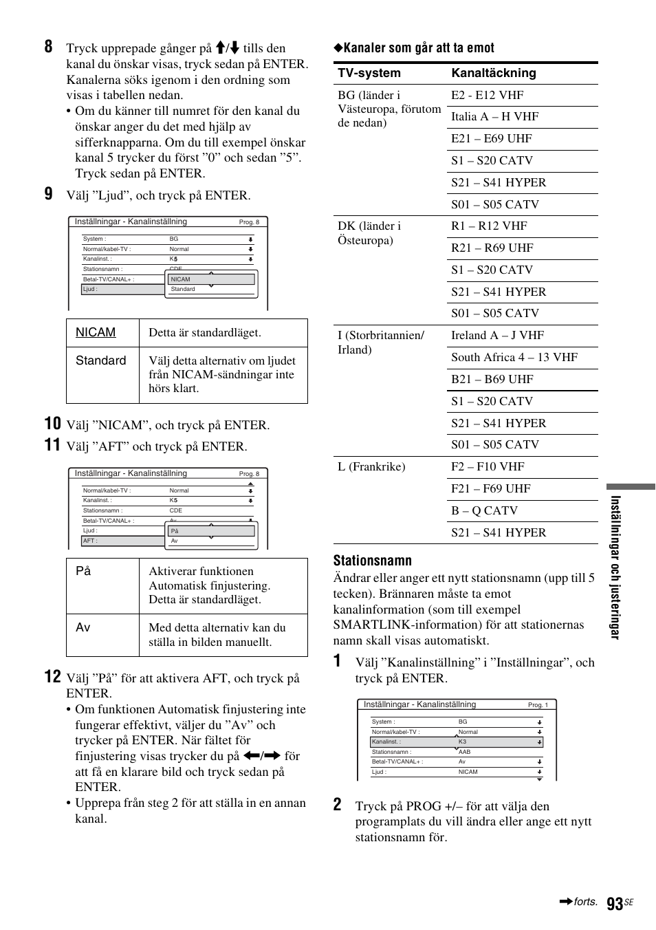 Stationsnamn, Välj ”ljud”, och tryck på enter, Välj ”nicam”, och tryck på enter | Välj ”aft” och tryck på enter | Sony DAR-RH7000 User Manual | Page 351 / 536