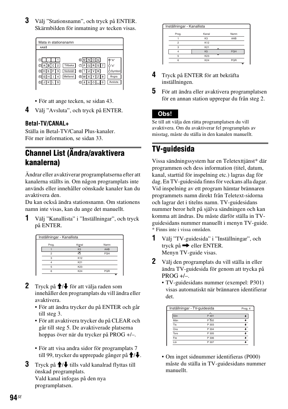 Channel list (ändra/avaktivera kanalerna), Tv-guidesida, Betal-tv/canal | Prog, Välj ”avsluta”, och tryck på enter, Tryck på enter för att bekräfta inställningen | Sony DAR-RH7000 User Manual | Page 352 / 536