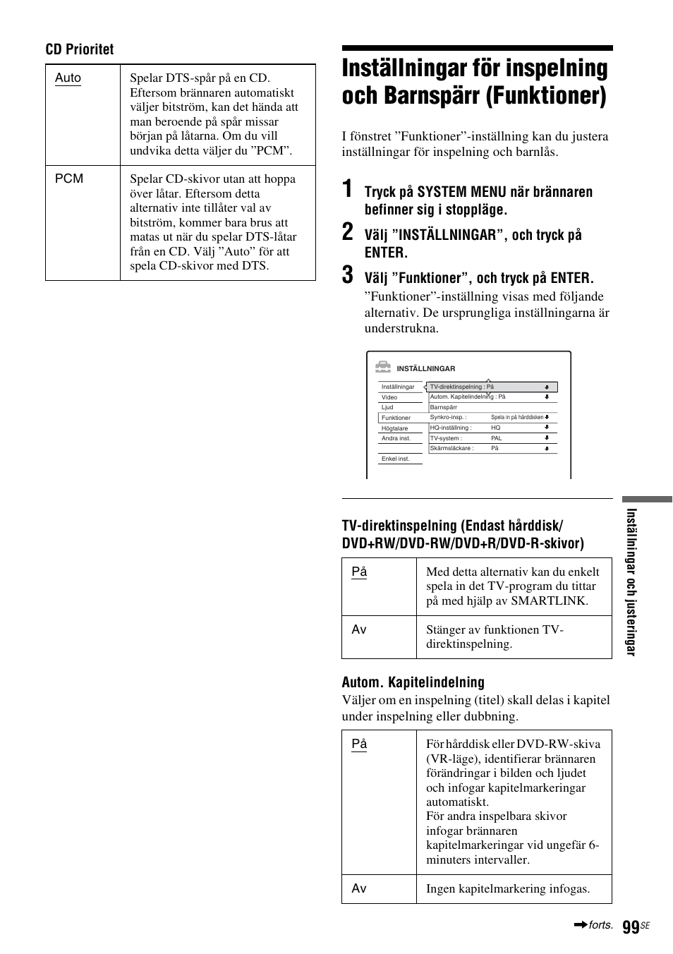Sid. 99), Cd prioritet, Välj ”inställningar”, och tryck på enter | Välj ”funktioner”, och tryck på enter | Sony DAR-RH7000 User Manual | Page 357 / 536