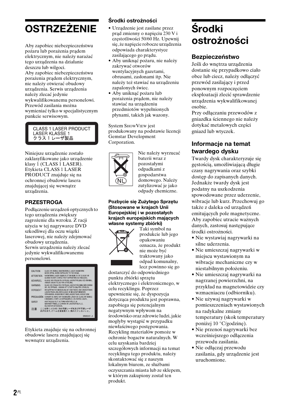 Ostrzeżenie, Środki ostrożności, Bezpieczeństwo | Informacje na temat twardego dysku | Sony DAR-RH7000 User Manual | Page 388 / 536