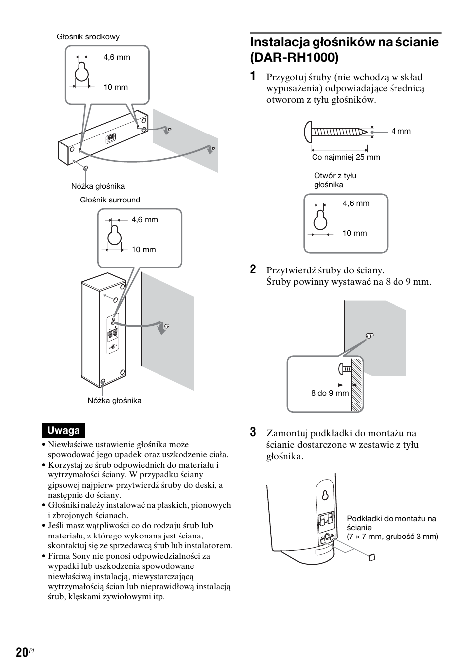 Instalacja głośników na ścianie (dar-rh1000) | Sony DAR-RH7000 User Manual | Page 406 / 536