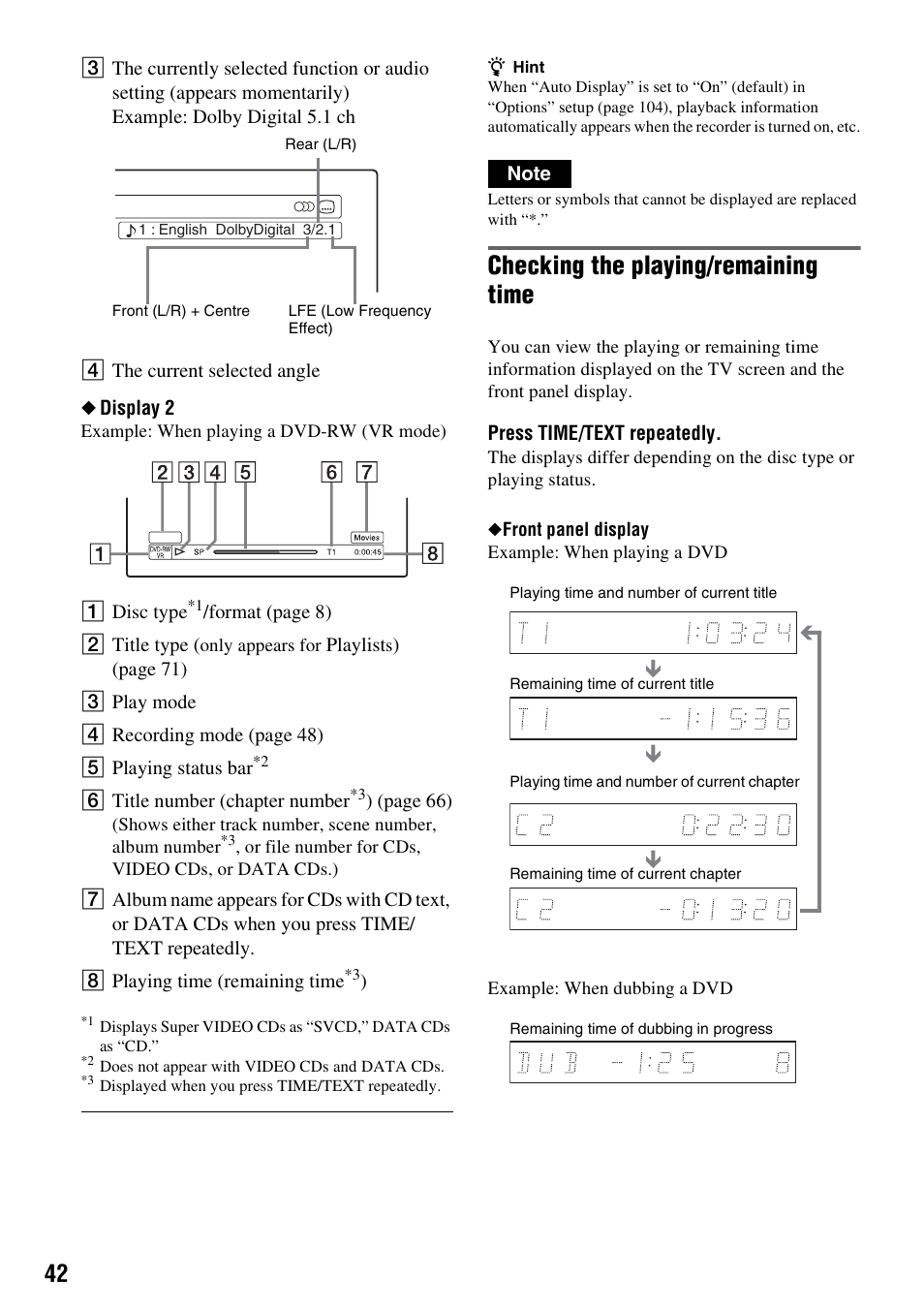 Checking the playing/remaining time | Sony DAR-RH7000 User Manual | Page 42 / 536