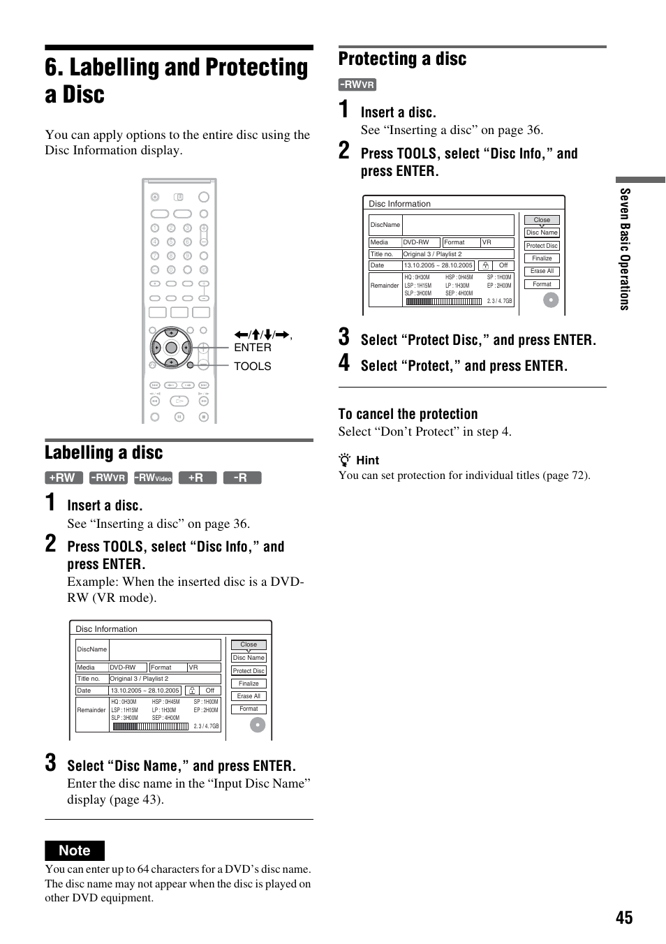 Labelling and protecting a disc, Labelling a disc, Protecting a disc | Insert a disc, Press tools, select “disc info,” and press enter, Select “disc name,” and press enter, Select “protect disc,” and press enter, See “inserting a disc” on page 36, Select “don’t protect” in step 4 | Sony DAR-RH7000 User Manual | Page 45 / 536