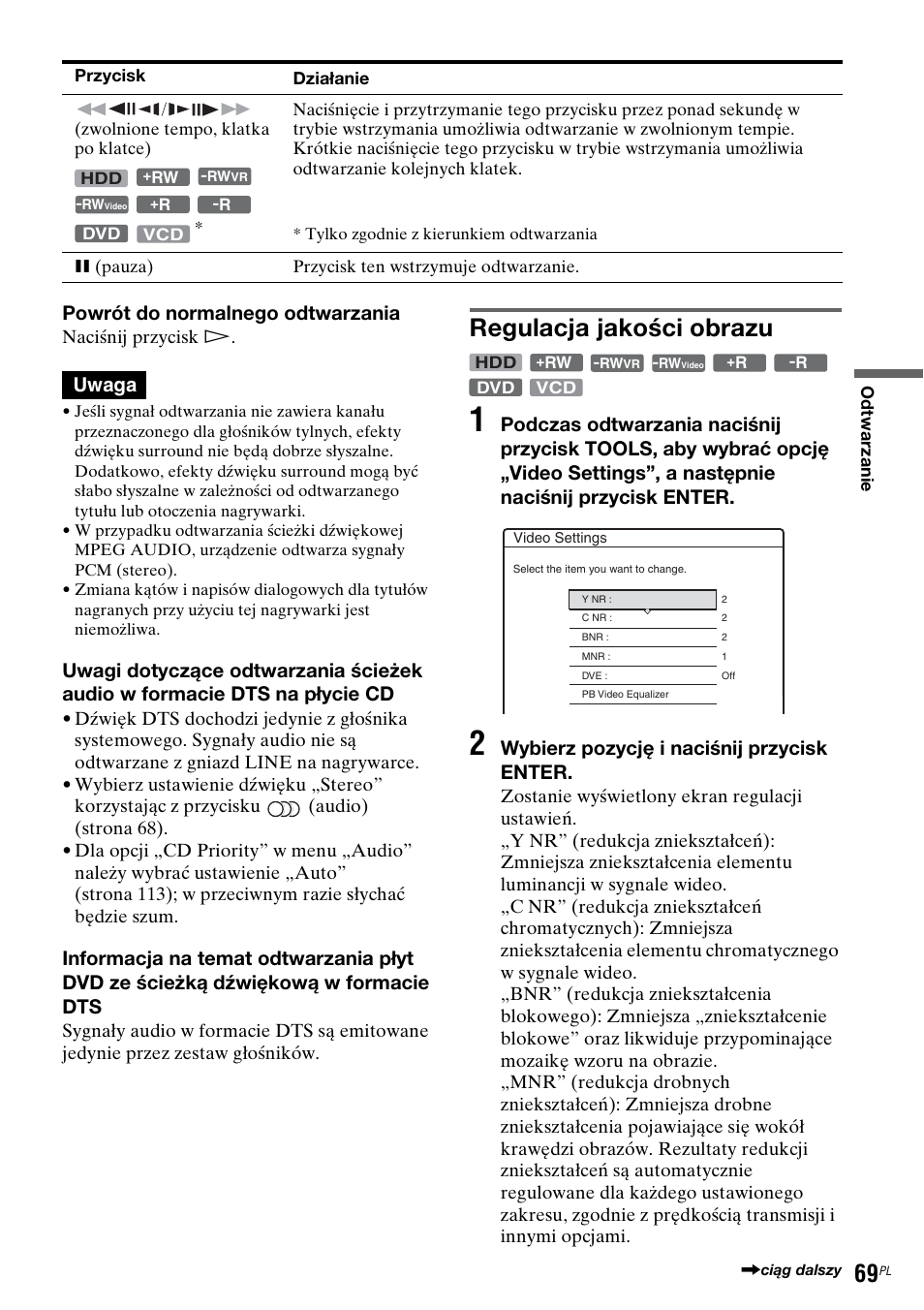 Regulacja jakości obrazu, Powrót do normalnego odtwarzania, Uwaga | Wybierz pozycję i naciśnij przycisk enter | Sony DAR-RH7000 User Manual | Page 455 / 536