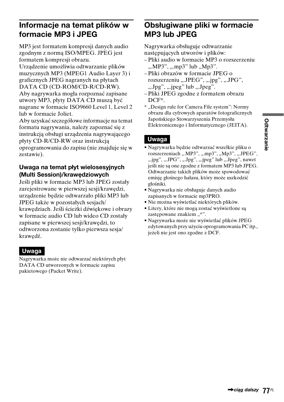 Informacje na temat plików w formacie mp3 i jpeg, Obsługiwane pliki w formacie mp3 lub jpeg | Sony DAR-RH7000 User Manual | Page 463 / 536