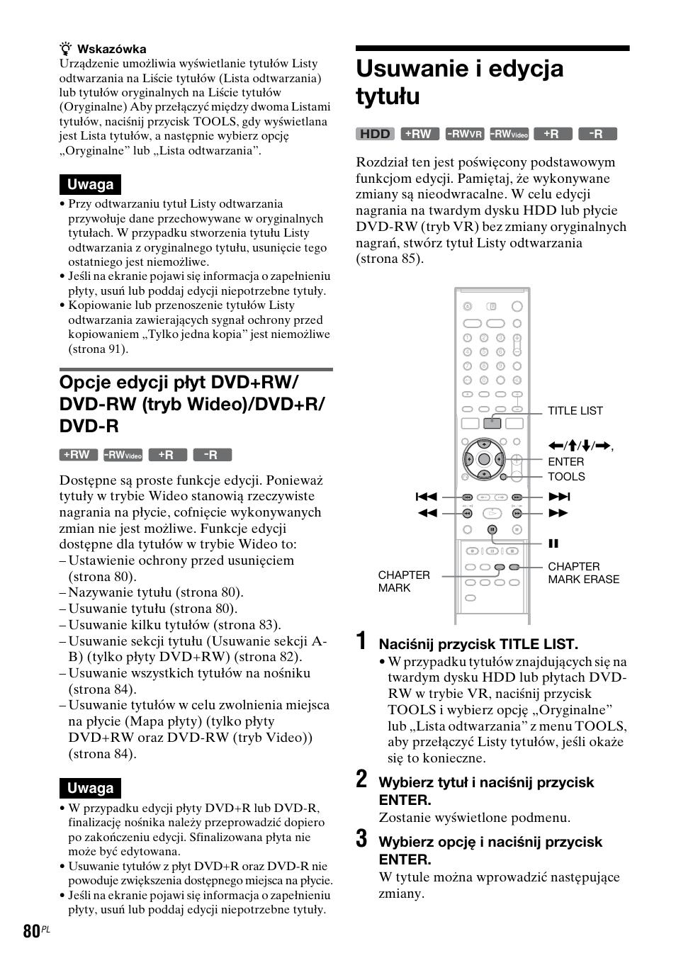 Usuwanie i edycja tytułu, Uwaga, Naciśnij przycisk title list | Wybierz tytuł i naciśnij przycisk enter, Wybierz opcję i naciśnij przycisk enter | Sony DAR-RH7000 User Manual | Page 466 / 536
